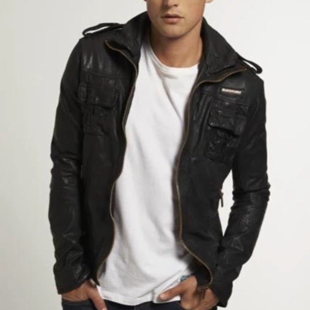 Superdry Leather Jacket - Men's - Medium - Black